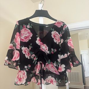 Floral print V neck blouse, shirred front tie